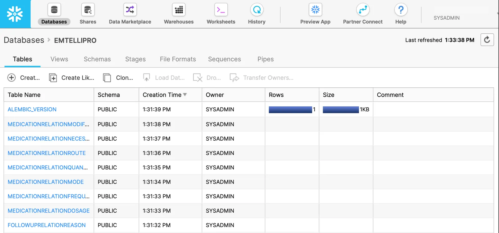 Snowflake screenshot showing newly created tables.