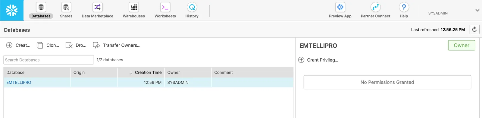 Snowflake screenshot showing newly created EMTELLIPRO database.
