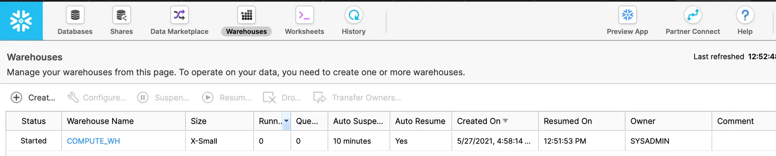 Snowflake screenshot showing a Started warehouse.